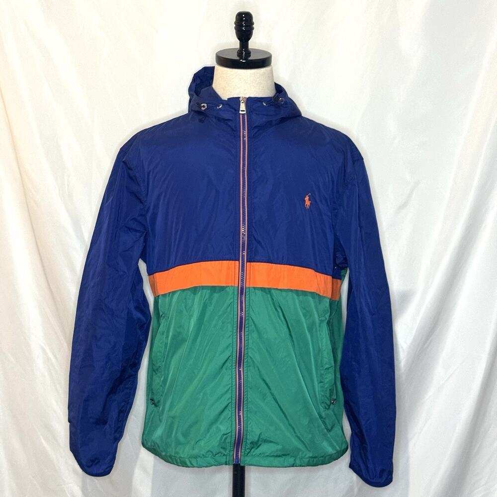 Polo Ralph Lauren Colorblock Windbreaker Jacket Mens L Blue Green Orange Hoodie